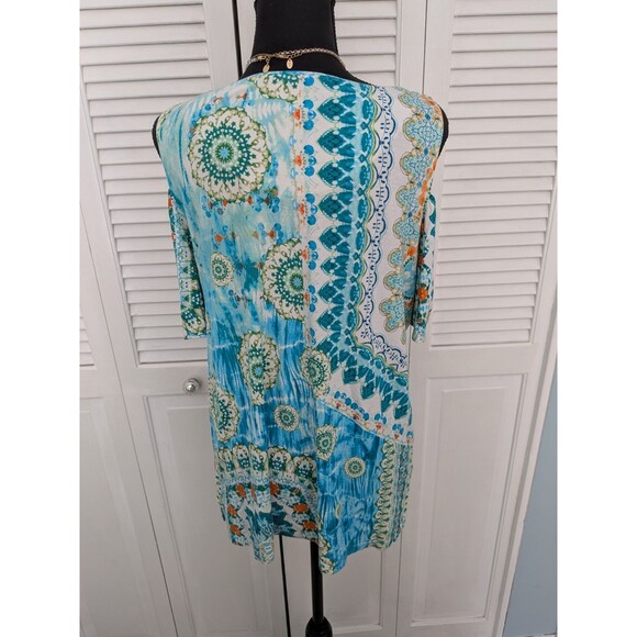 Chico's Top Women M/1 Geo Lagoon Cold Shoulder Tunic Aqua Blue Abstract Stretch - Picture 8 of 12